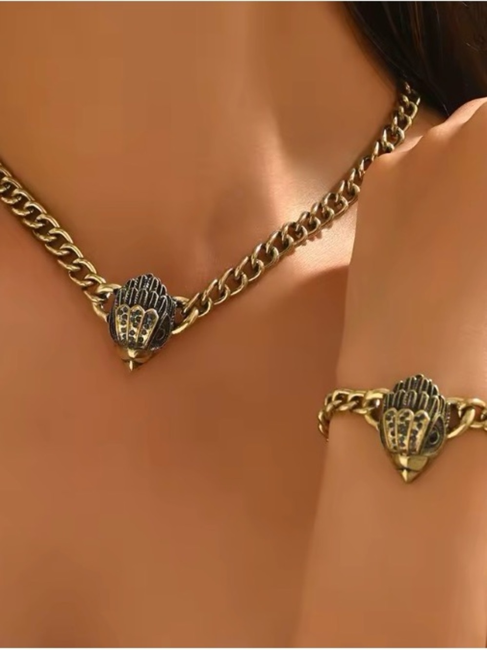 Kurt Geiger Gold and Black Chunky Chain Necklace with Shell Accent